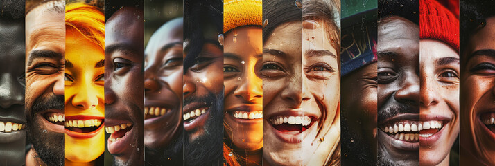 A vibrant collage of diverse people smiling, with each face segmented into vertical strips. The image radiates happiness, unity, and diversity with various expressions.