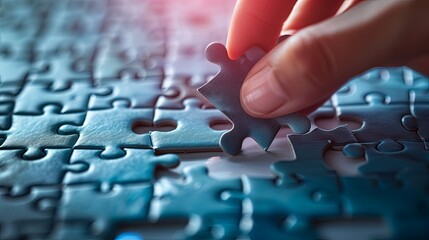 Person hand placing the final puzzle piece into a nearly completed puzzle