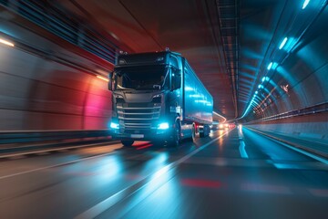 Large Cargo Lorry Speeding Through a Modern Illuminated Tunnel at Night