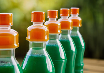 Vibrant Plastic Bottles with Orange Caps Outdoors