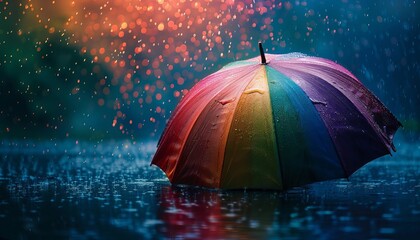 Rainbow Umbrella in the Rain, Symbolic of protection and shelter within the LGBTQ community. High-Resolution.
