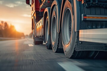 Close-Up View of a Cargo Lorrys Wheels in Motion on a Wet Road