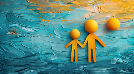yellow puppet style silhouette of parent with their kid holding hands isolated on blue textured background , fathers day , parents day, family card