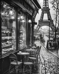 Black and white photography of a Parisian street café nestled on a quaint cobblestone street by the Eiffel tower