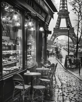 Black and white photography of a Parisian street caf&eacute; nestled on a quaint cobblestone street by the Eiffel tower