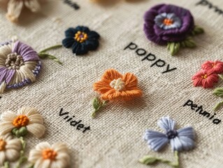 Fototapeta premium colorful flowers embroidered with their names ona linen cloth