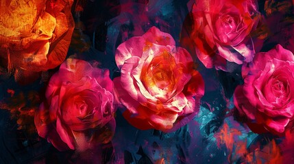 A background artwork of blooming roses blending with abstract expressionism art style, with bold strokes and vibrant hues.