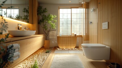 Beautiful cozy style bathroom and Toilet decorated with plants.