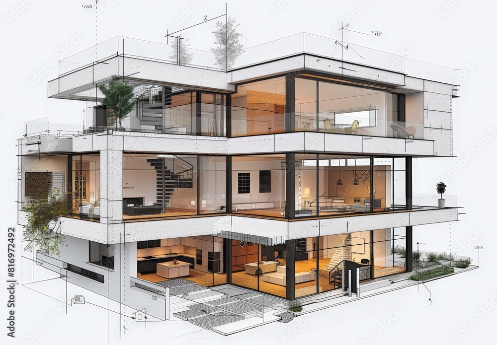 Poster wireframe rendering of a contemporary house with technical details
