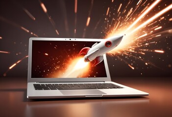 Startup business launching from a computer, successful takeoff concept.