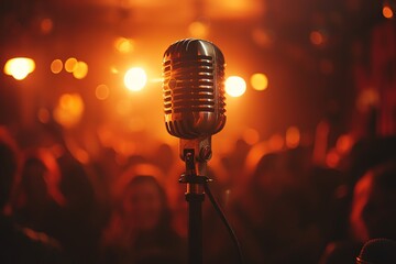 A stand-up comedian performing on stage, microphone in hand, audience laughing, spotlight highlighting the performer