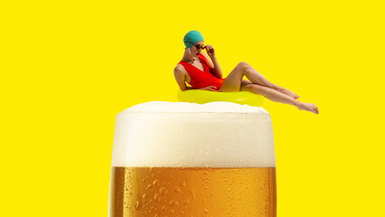 Woman in swimsuit floating on glass with lager foamy beer isolated on yellow background. Contemporary art collage. Concept of summer vibe, surrealism, abstract creative design, pop art