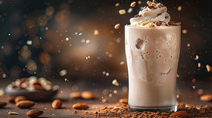 almond milkshake smoothie in a glass with chunks of fruit  , milk drink concept for brochures , menu card , business , cafes and restaurants advertisements  Background with copy space, 3d rendering