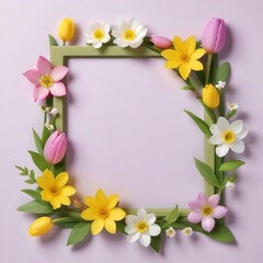 Fototapeta premium Summer Floral Frame, Pastel Beautiful Spring Template, Text Background, Copy Space.