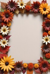 Autumn flowers and leaves yellow red brown, frame, pattern, copy space, banner.