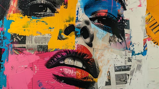 A critique of mainstream media with overlapping headlines, pop art, collage, bright colors, bold and provocative