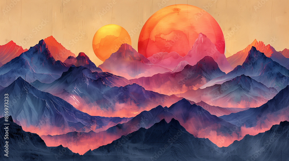 Poster sunset over mountains paint