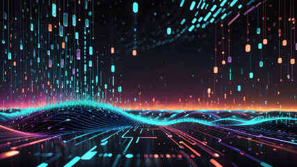 Futuristic Digital Background with Binary Code and Vibrant Technology Icons
