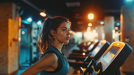 A picture of a striking woman immersed in her gym routine, effortlessly running on the treadmill and engaging in a variety of fitness exercises, exuding confidence, vitality, and a commitment to perso