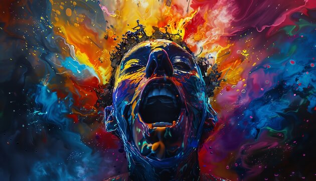 A figure experiencing pure ecstasy in a burst of colorful energy, psychedelic, abstract, neon colors, vibrant and exhilarating