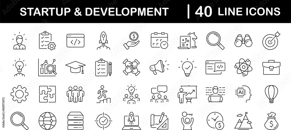 Fototapete startup and development set of web icons in line style. development icons for web and mobile app. co