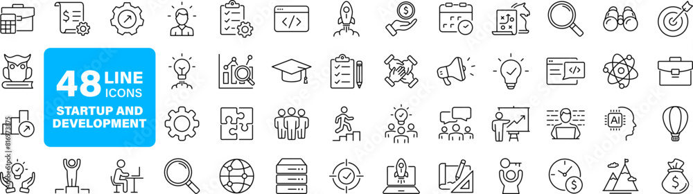 Poster startup and development set of web icons in line style. development icons for web and mobile app. co