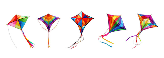 Colorful flying kites set isolated on transparent background, Set with beautiful bright kites on white background, png. kite cliparts collection	