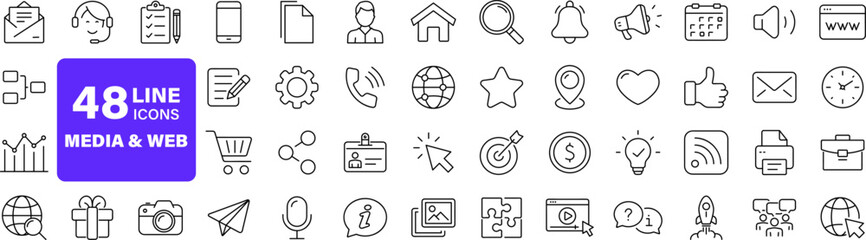 Media and Web set of web icons in line style. Social Media icons for web and mobile app. Containing media, website, marketing, business, social network, profile, page, rating, social links and more