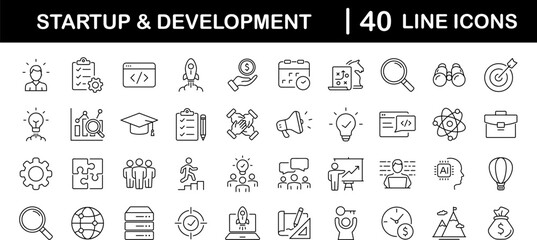 Startup and development set of web icons in line style. Development icons for web and mobile app. Containing Business, concept, idea, strategy, innovation, vision, marketing, startup and more