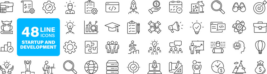 Startup and development set of web icons in line style. Development icons for web and mobile app. Containing Business, concept, idea, strategy, innovation, vision, marketing, startup and more