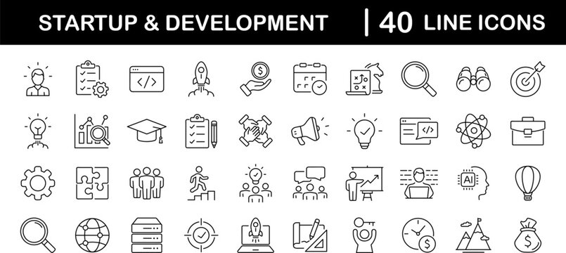 Startup and development set of web icons in line style. Development icons for web and mobile app. Containing Business, concept, idea, strategy, innovation, vision, marketing, startup and more