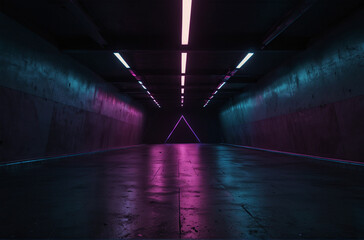 Empty dark triangle tunnel with purple and blue neon, Modern Futuristic Sci Fi Background.