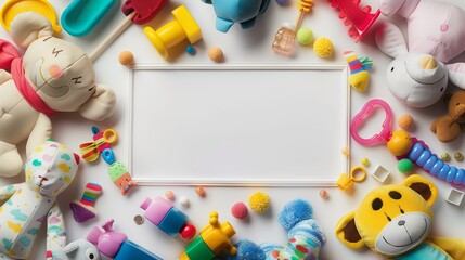 Obraz premium A colorful frame made of various baby toys such as plush animals, building blocks, and rattles, surrounding a blank space in the center for text or images, creating a playful and cheerful background 