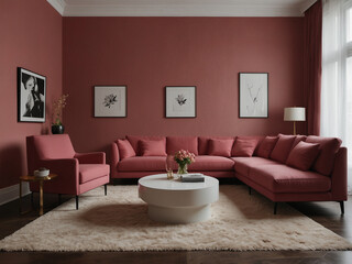 Pink couch and chair create a cozy living room