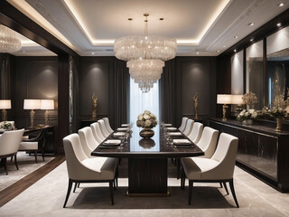 Elegant dining room with long table, chandelier, and white chairs