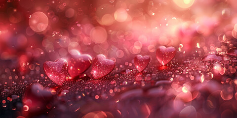 Valentines blurry hearts rose golden glowing and sparkling background, vertical pink shiny backgrounds with copy space
