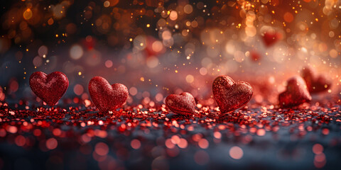 Valentines blurry hearts rose golden glowing and sparkling background, vertical pink shiny backgrounds with copy space