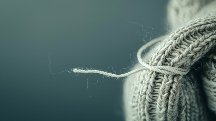 single thread unraveling from a sweater, representing the fragility and complexity of mental health, copyspace
