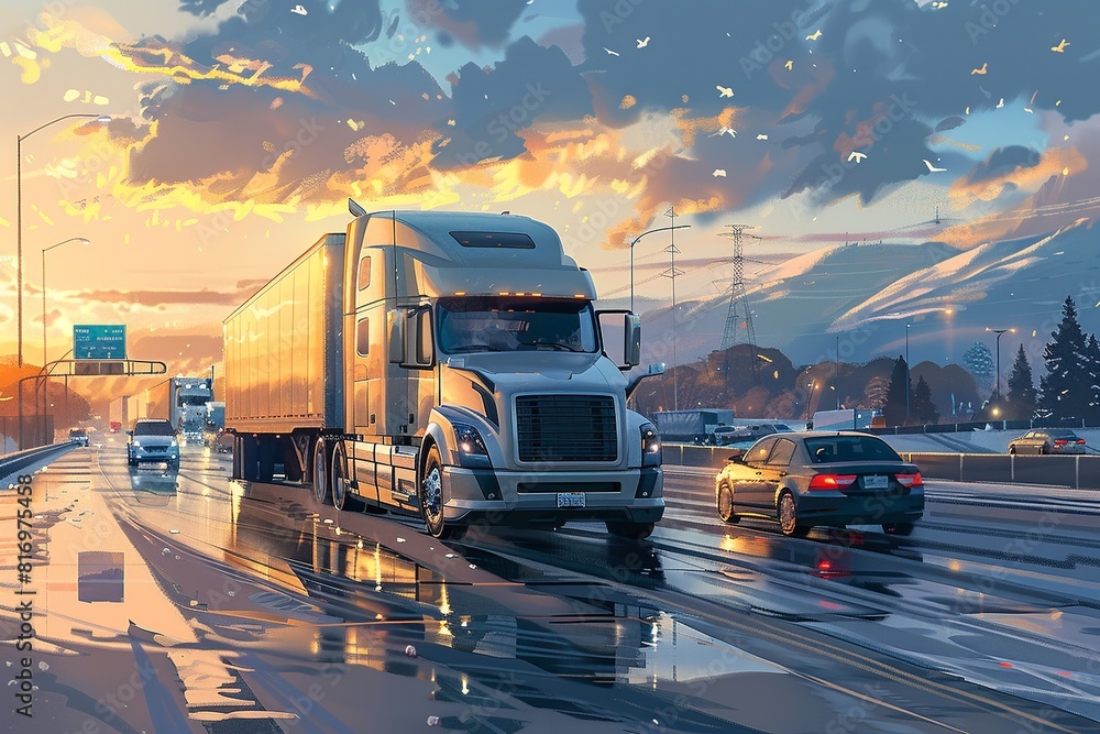 Poster a dynamic image capturing a professional delivery truck navigating through a bustling interstate hig