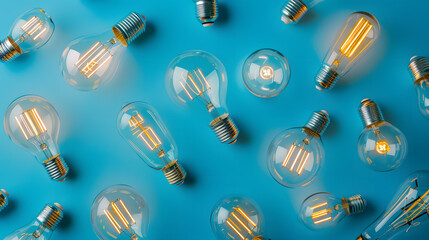 LED lamps and Edison lamps arranged flat on a blue backdrop, captured in close-up. The image conveys themes of energy saving, ecology, and Earth Day, highlighting the importance of efficiency and