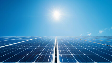 rooftop solar panels glistening in the sunlight against a clear blue sky , sustainability of renewable energy technology.
