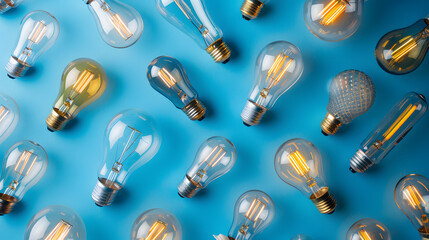 LED lamps and Edison lamps arranged flat on a blue backdrop, captured in close-up. The image conveys themes of energy saving, ecology, and Earth Day, highlighting the importance of efficiency and