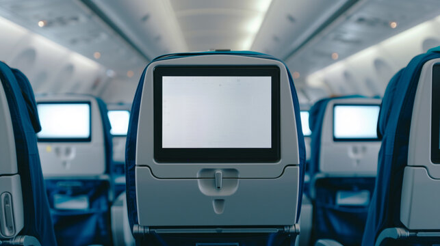 Airplane interior showcasing the back of an economy class seat equipped with an in-flight entertainment screen and other seats in the background, creating a typical travel experience.