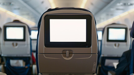 Airplane interior featuring a close-up of a blank in-flight entertainment screen mounted on the back of a seat. The cabin shows multiple rows of seats.