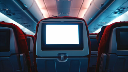 Interior of an airplane cabin showing the back of a seat with a blank in-flight entertainment screen and dim, ambient lighting.