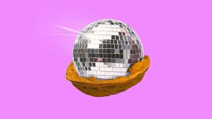 Disco nut. Walnut transformed into disco ball against pink background. Nightclub party. Contemporary art collage. Concept of summer vibe, surrealism, abstract creative design, pop art