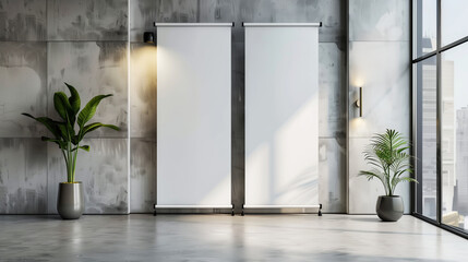 Modern interior featuring two blank roll-up banners for mockup presentations. The space includes potted plants, a concrete-textured wall, and large windows with city views.