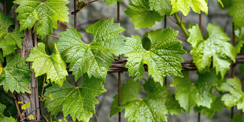 Vibrant green leaves embellishing a grapevine in the yard, adding freshness and vitality to the...