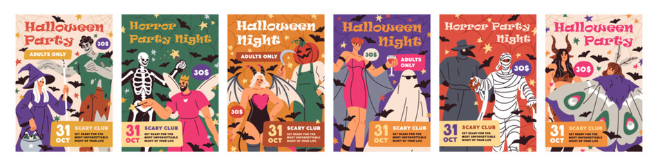 Halloween party night, inviting cards set. Spooky October holiday flyers, Helloween poster designs. Scary creepy masquerade celebration, promotion banners. Flat vector illustration, vertical layout