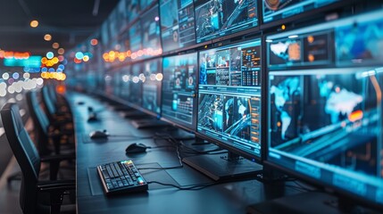 Control room. Futuristic workplace. Many monitors. Safety and security.